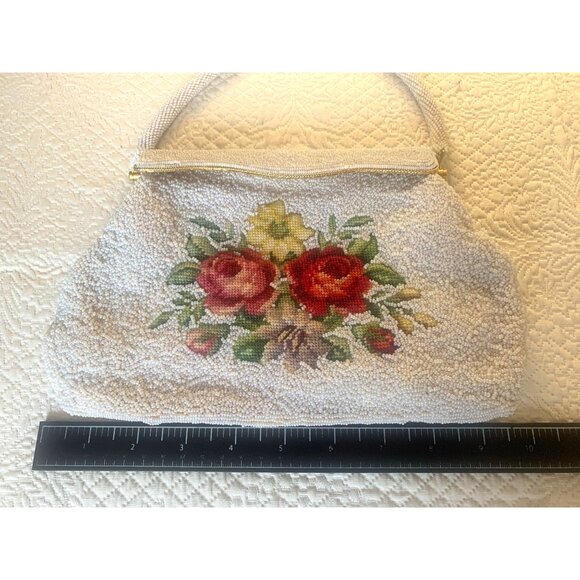Needlepoint Roses Beaded Handbag Magnetic Closure and Inner Pockets - Picture 7 of 12